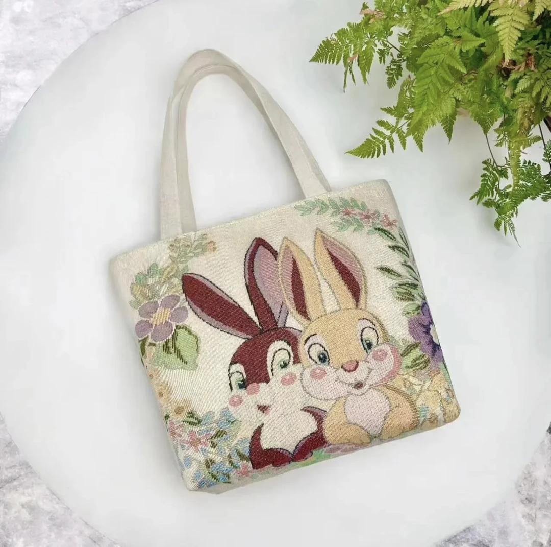 双面卡通兔加金丝线针织刺绣时尚休闲百搭手提帆布单肩包