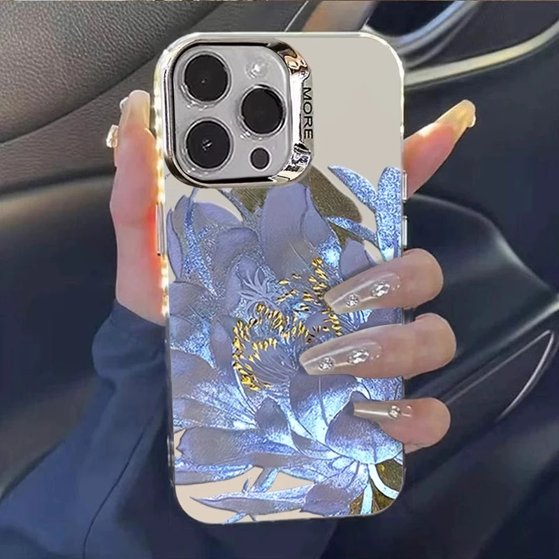 冰心蓝荷花适用苹果15promax手机壳女iphone14新中式电镀圈彩银13