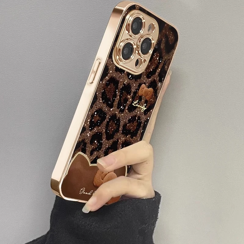 豹纹猫耳蝴蝶结适用苹果17promax手机壳电镀iphone16pm轻奢15plus