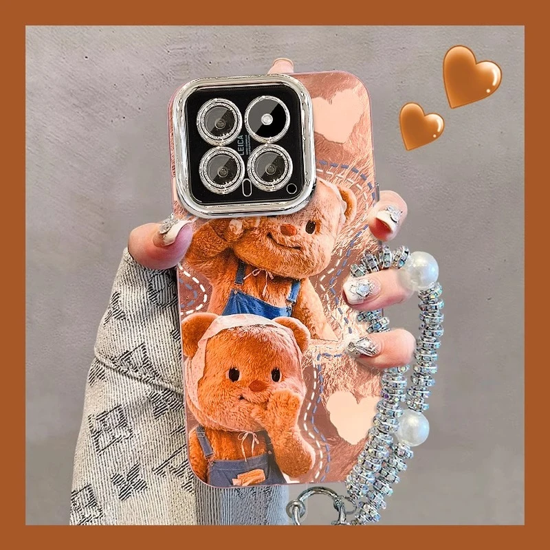 适用小米15手机壳秋冬新女款小米14黄油小熊手链小米锡纸冰川纹套