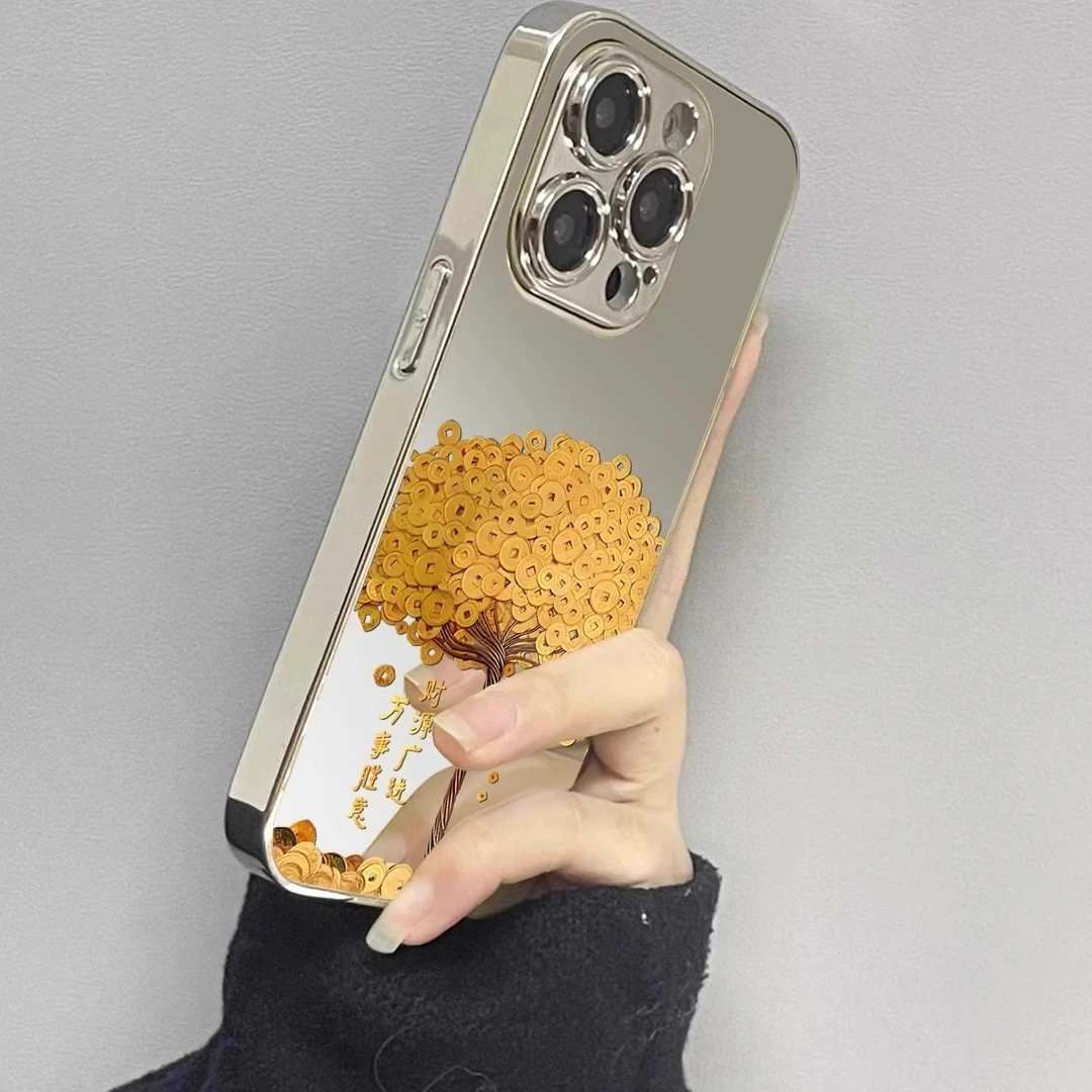 摇钱树适用苹果16promax手机壳iPhone15保护套14plus电镀中国风13