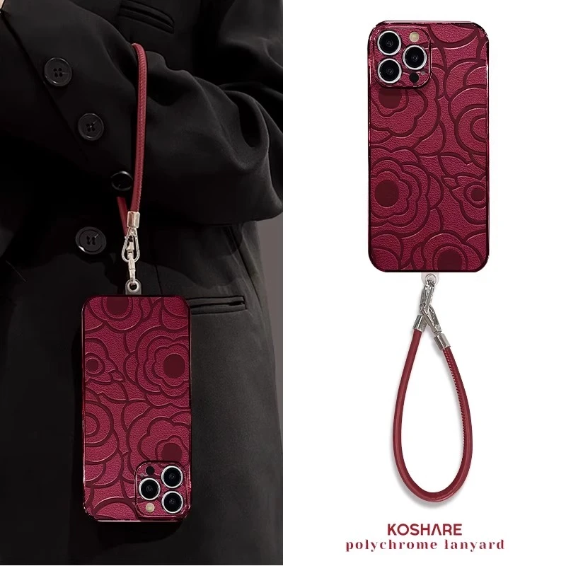 皮质山茶花适用苹果16promax手机壳酒红色iPhone15pro轻奢14plus