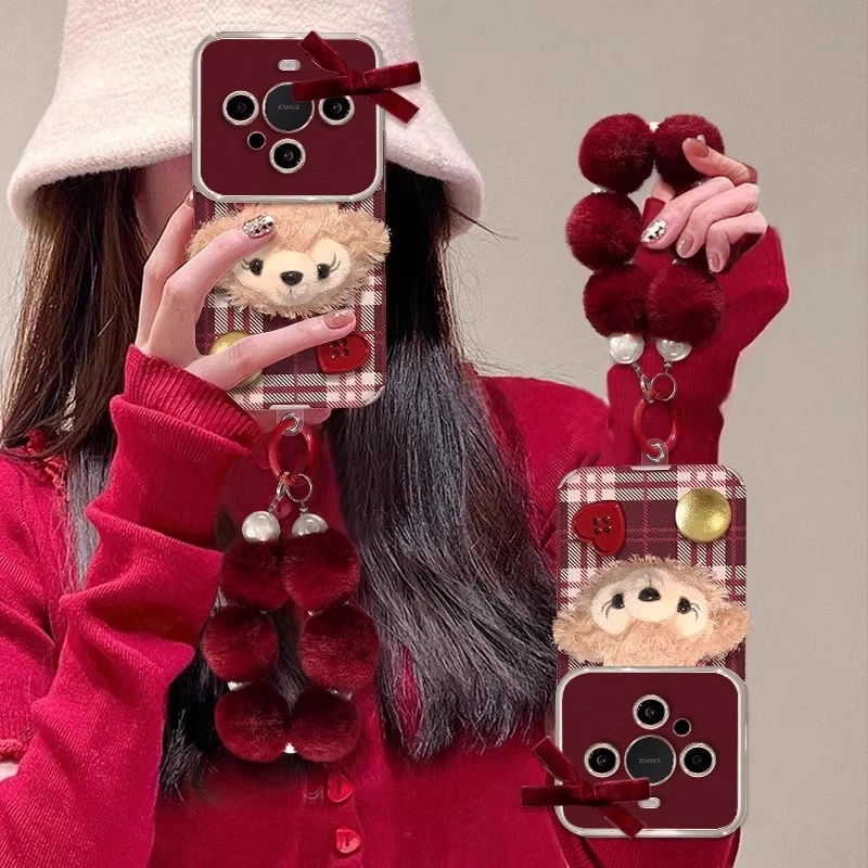 可爱毛绒熊适用华为mate70pro手机壳mate60保护套pura70pro带挂绳