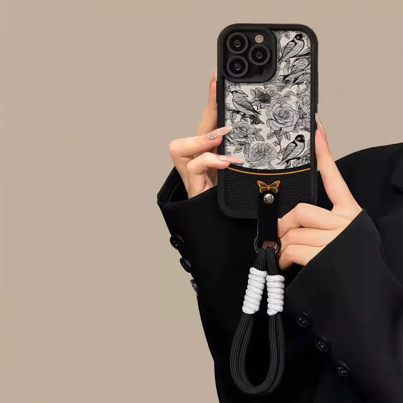 素描花朵适用苹果16proma挂绳手机壳iphonex小众高级感15plus秋冬