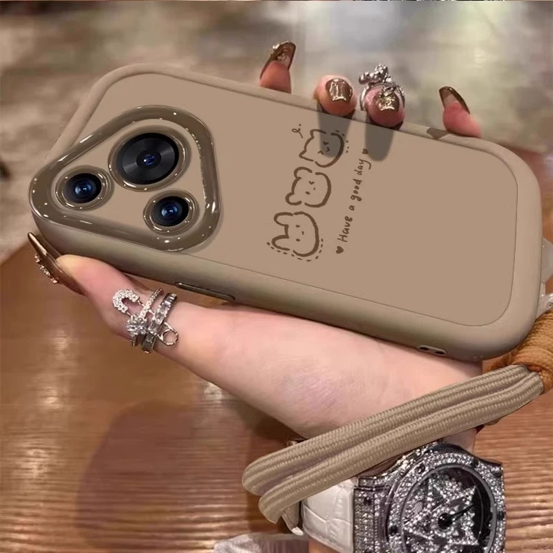 适用华为pura70pro手机壳线条小熊mate60pro+带挂绳手腕p70ultra