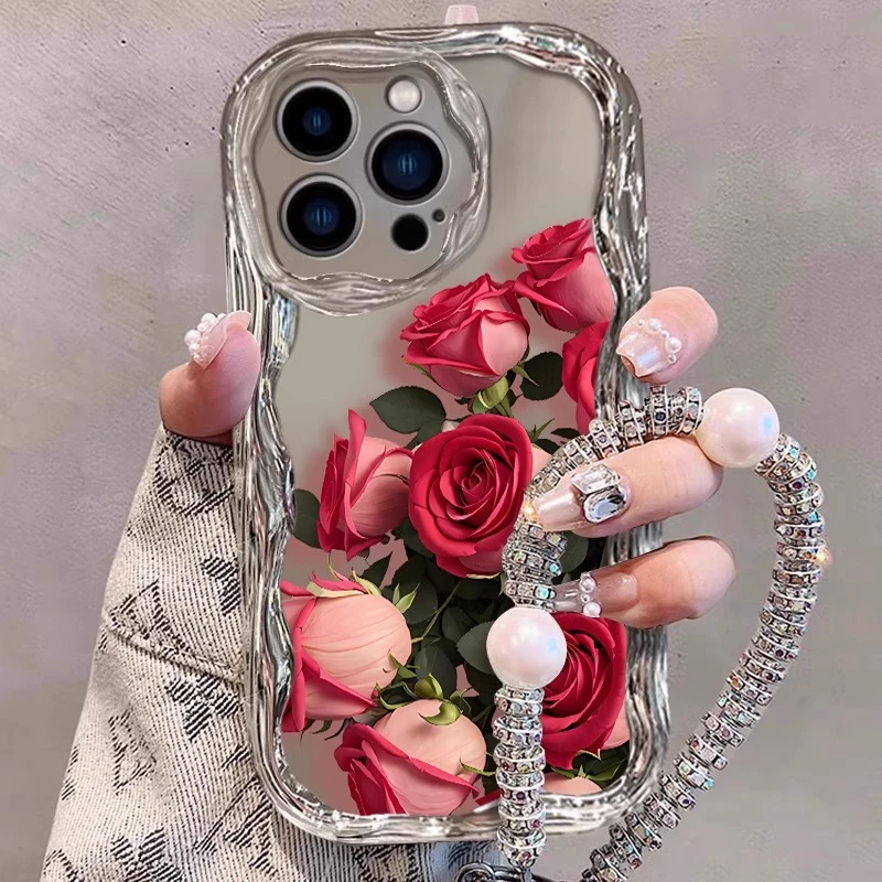 冷艳玫瑰适用苹果16promax手机壳曲边电镀iphone15pro保护套小众p