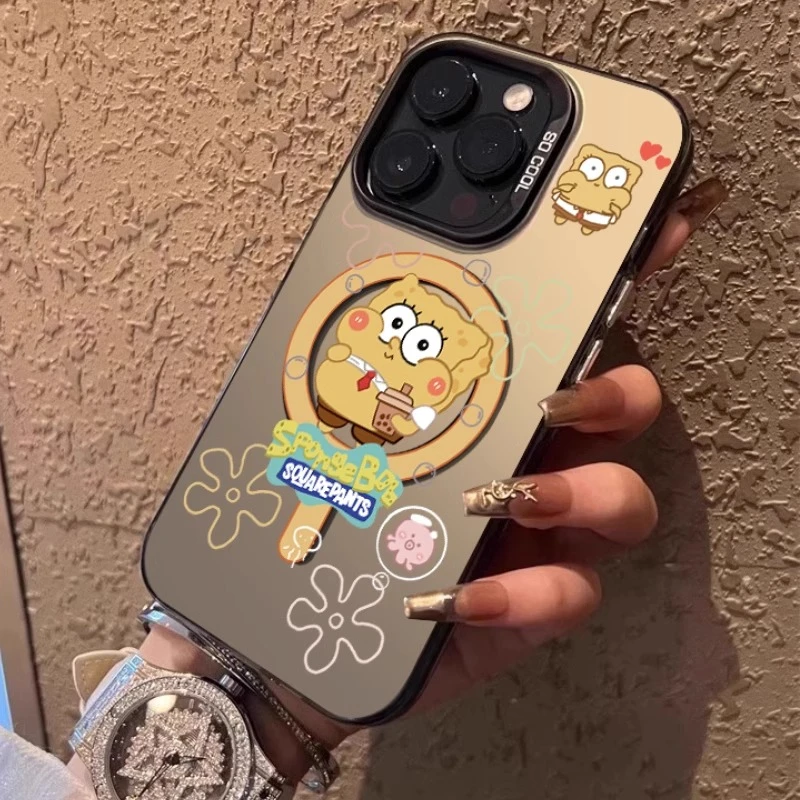 喝奶茶海绵宝宝适用苹果15promax手机壳iphone14pro磁吸13卡通12p