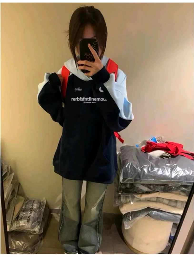 美式插肩袖学院风连帽卫衣女秋季学生宽松卫衣W2444-拼接圆圈字母