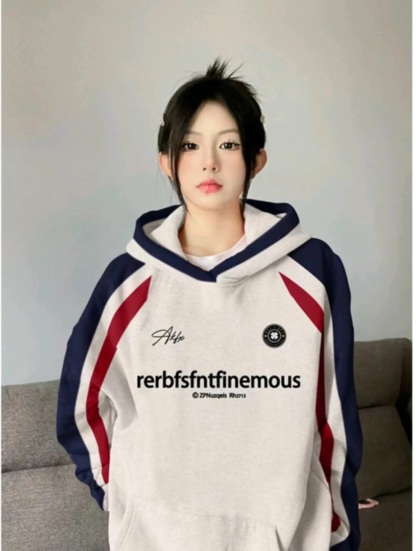美式插肩袖学院风连帽卫衣女秋季学生宽松卫衣w2437-拼接圈圈字母