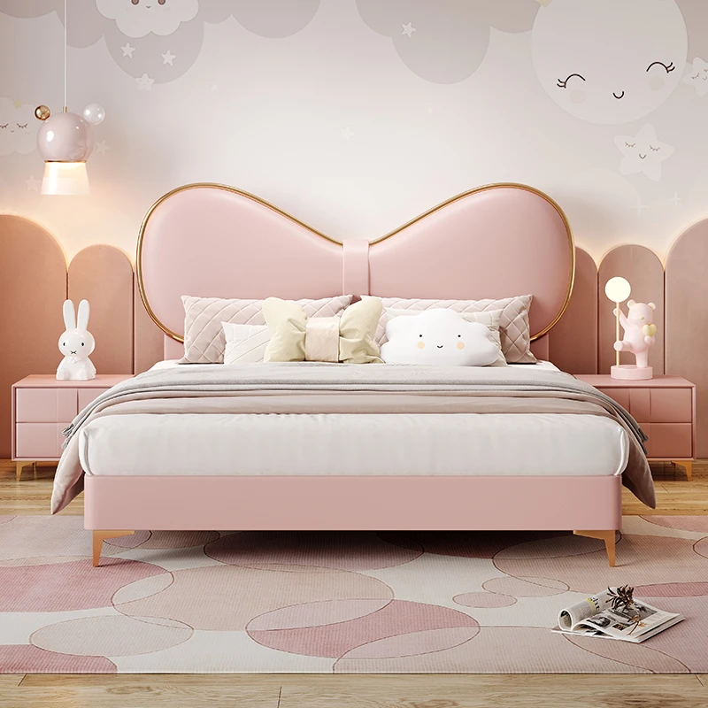 儿童床女孩公主床梦幻粉色轻奢网红小户型卡通可爱蝴蝶结实木皮床