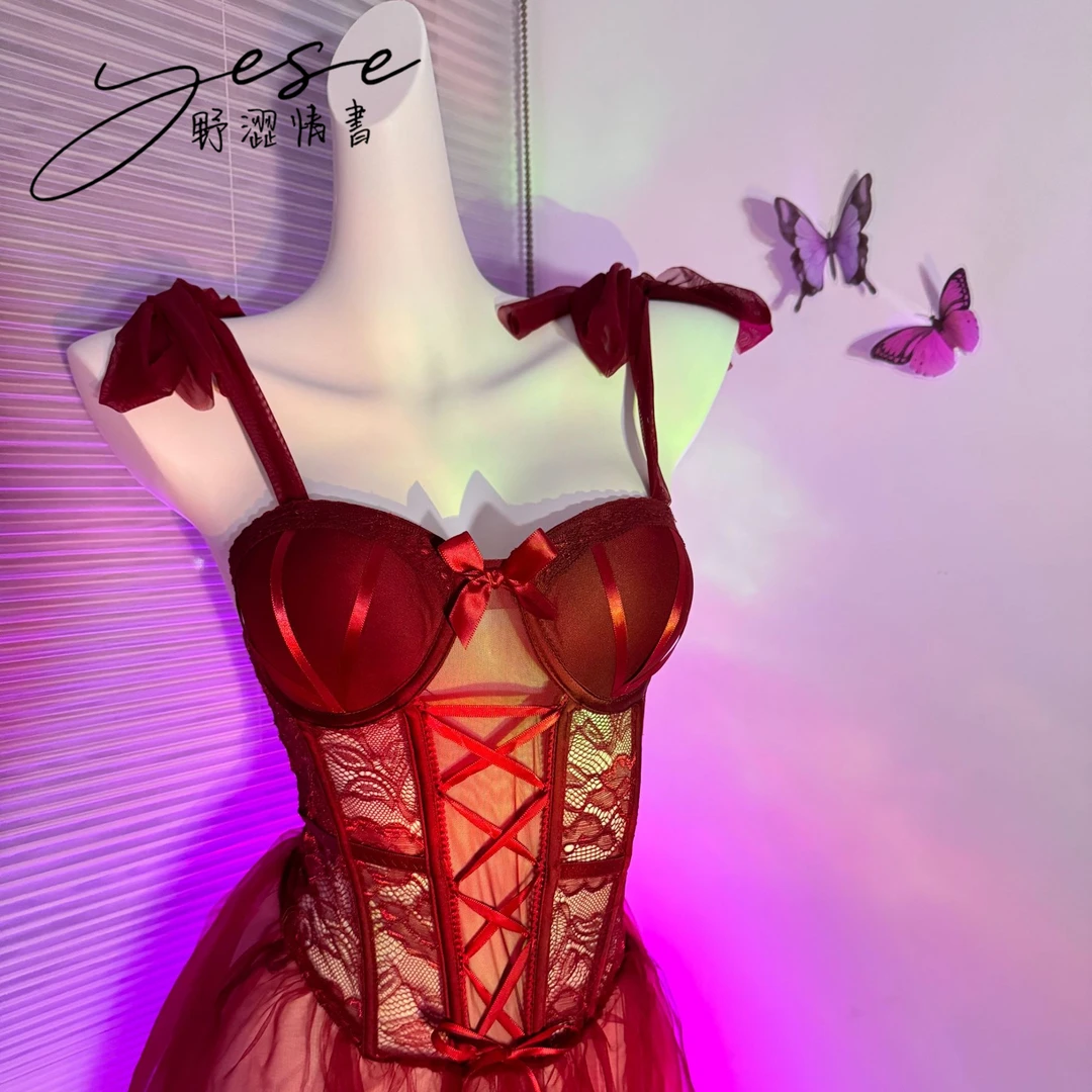 【朱砂痣】Yese野涩情书缠绕性感纯欲睡裙显瘦蕾丝带胸垫鱼骨睡衣