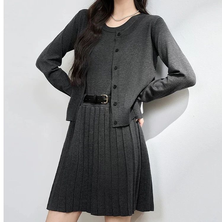 针织开衫背心百褶连衣裙两件套女秋冬新款高级感时尚气质毛衣套装