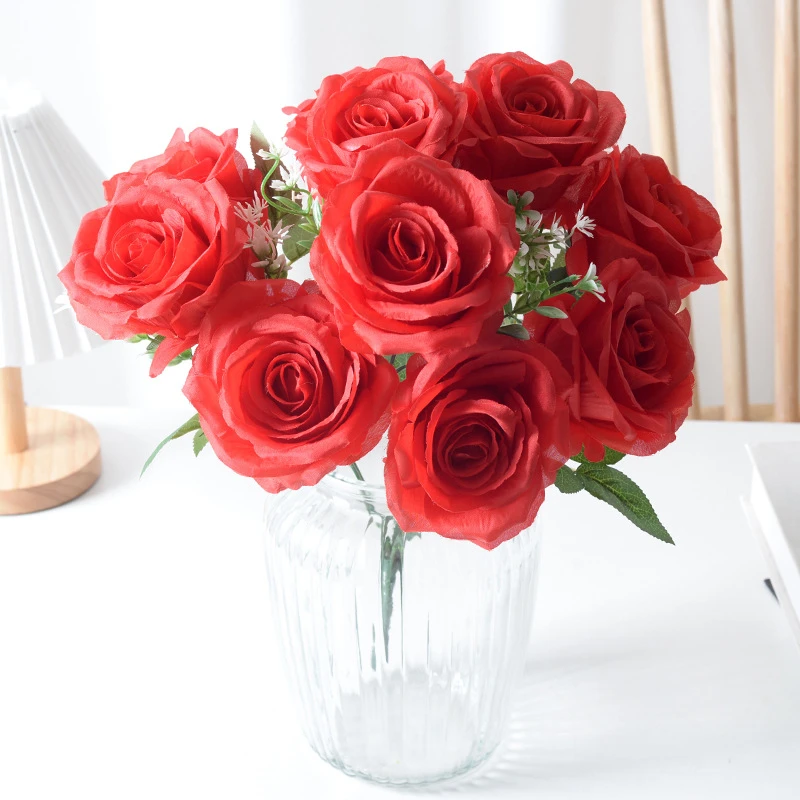 玫瑰花头绢布玫瑰假花客厅摆设餐桌花艺婚庆手捧干花束摆件