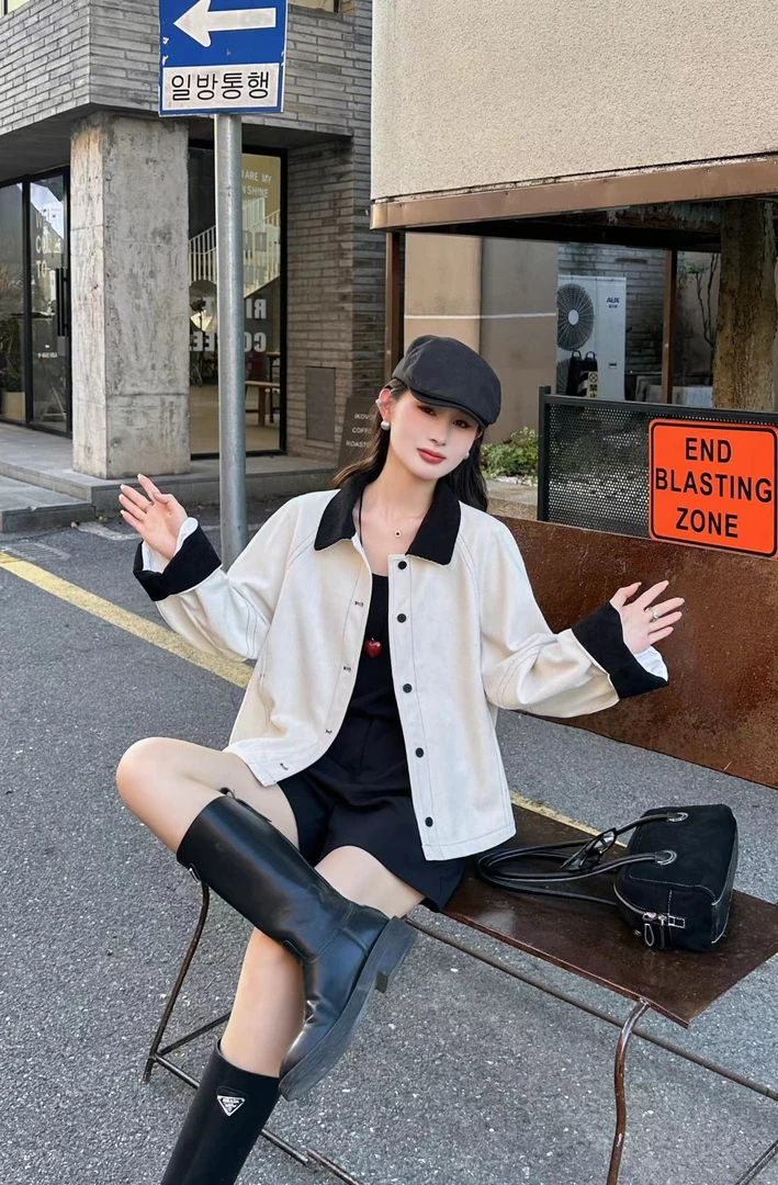 8982撞色翻领新款韩版休闲百搭短款夹克外套