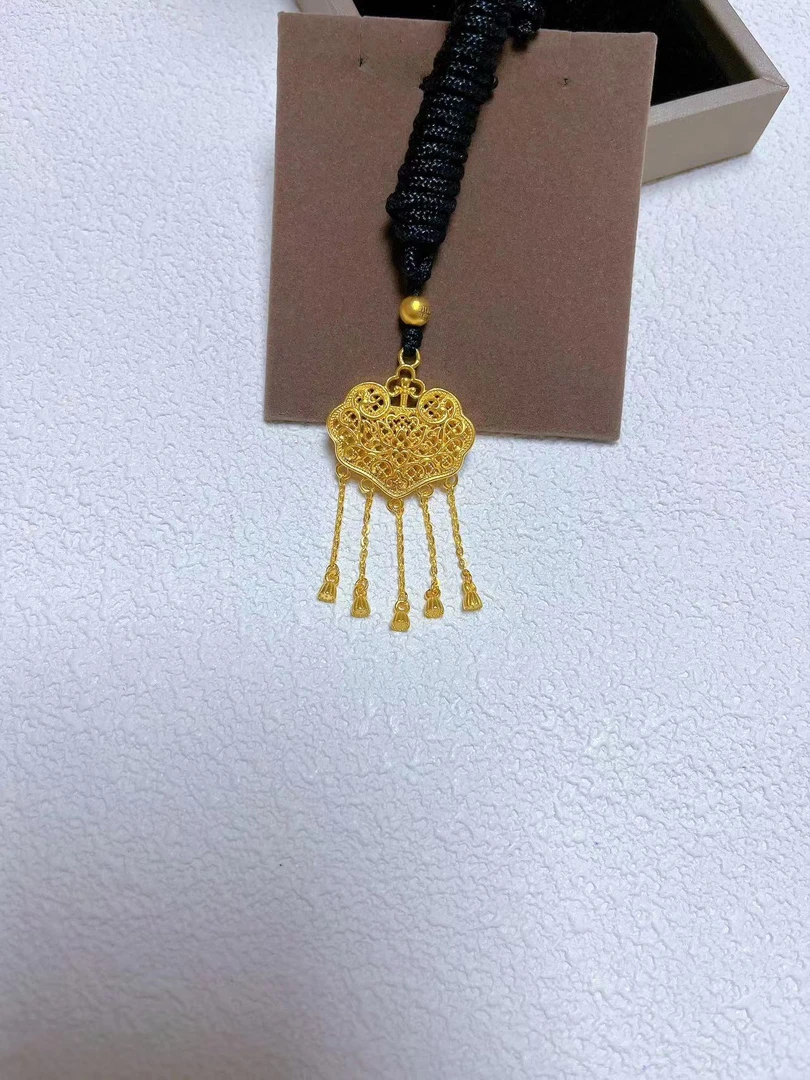 足金古法花丝璎珞锁 精致流苏 洋气 带绳