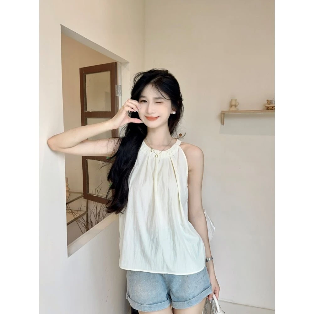 法式甜美设计感黄色挂脖吊带背心女夏季新款宽松褶皱露肩无袖上衣