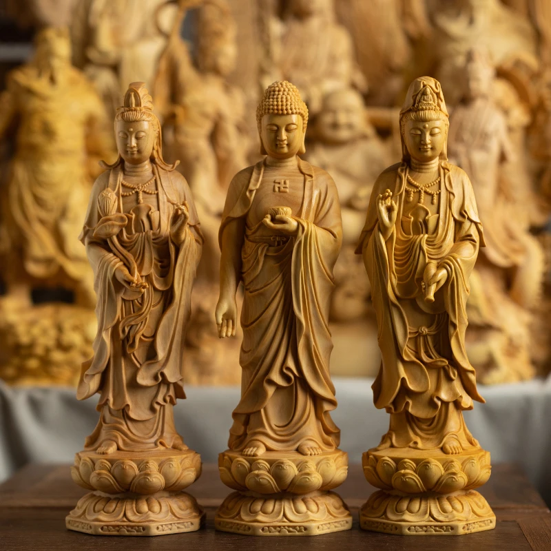 小叶黄杨木雕刻工艺西方三圣观音大势至阿弥陀佛家用玄关装饰摆件