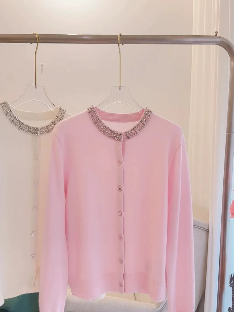 秋冬新品山羊绒手工领口钉珠可爱粉色白色长袖轻薄开衫嫩粉色