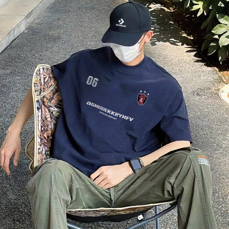 韩式ins潮流落肩袖休闲100%纯棉短袖T恤男夏季宽松藏青色上衣半袖
