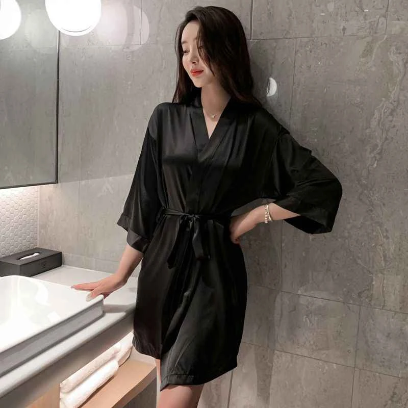 夏季袖睡居家装家居服女绸缎单袍性感冰丝女纯色可爱五分
