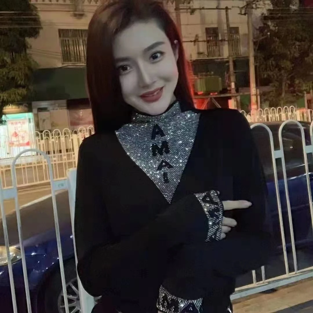 【粉丝专享】A912镶钻打底衫女新潮洋气烫钻小衫修身显瘦上衣女
