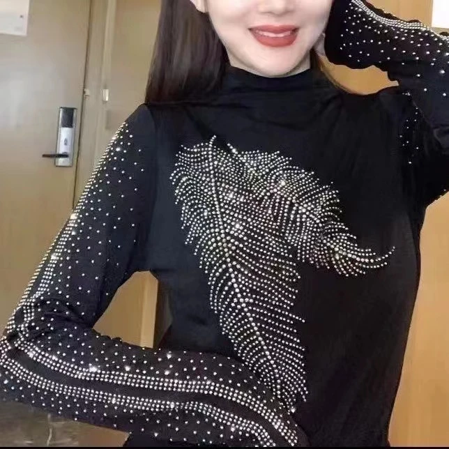 【粉丝专享】A907镶钻打底衫女新潮洋气烫钻小衫修身显瘦上衣女