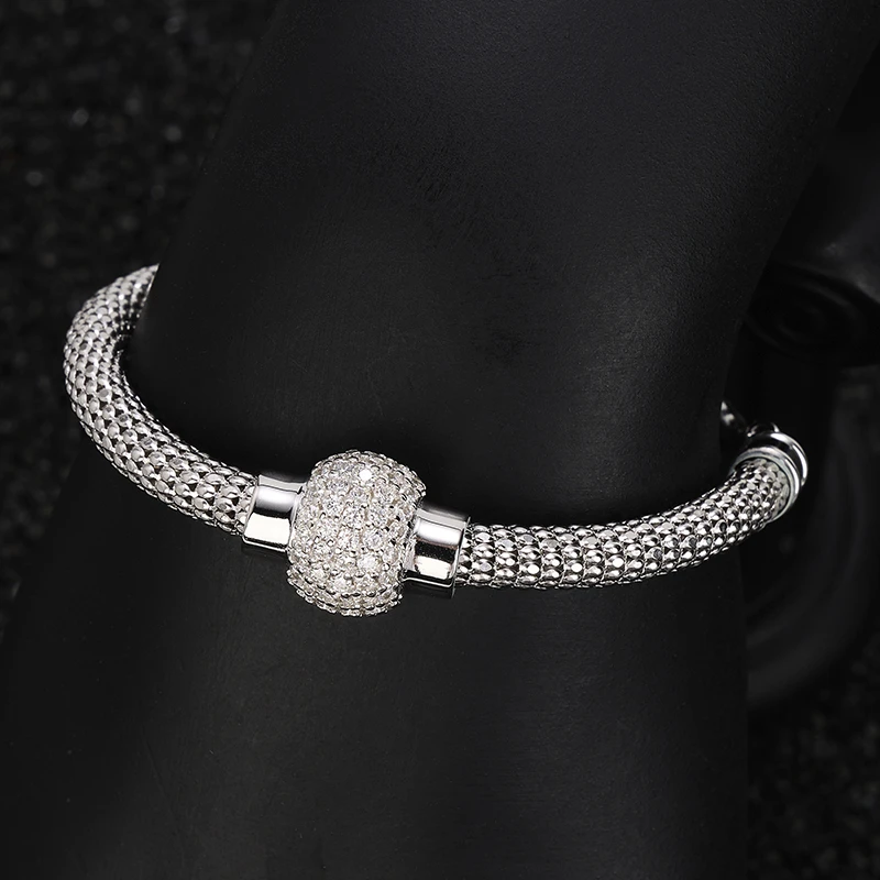 925银合成锆石手链 梁雅帝专属新品意大利编织满钻桶珠纯银手链