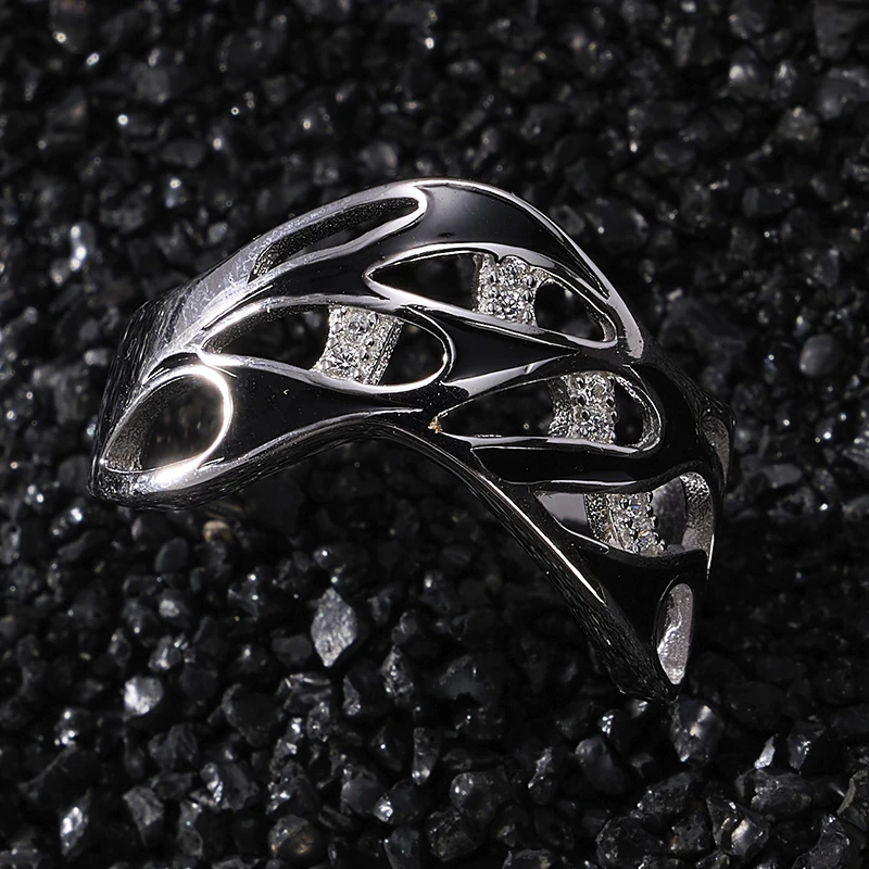 925银珐琅戒指 梁雅帝专属新品黑色浪潮镂空线条时尚纯银戒指