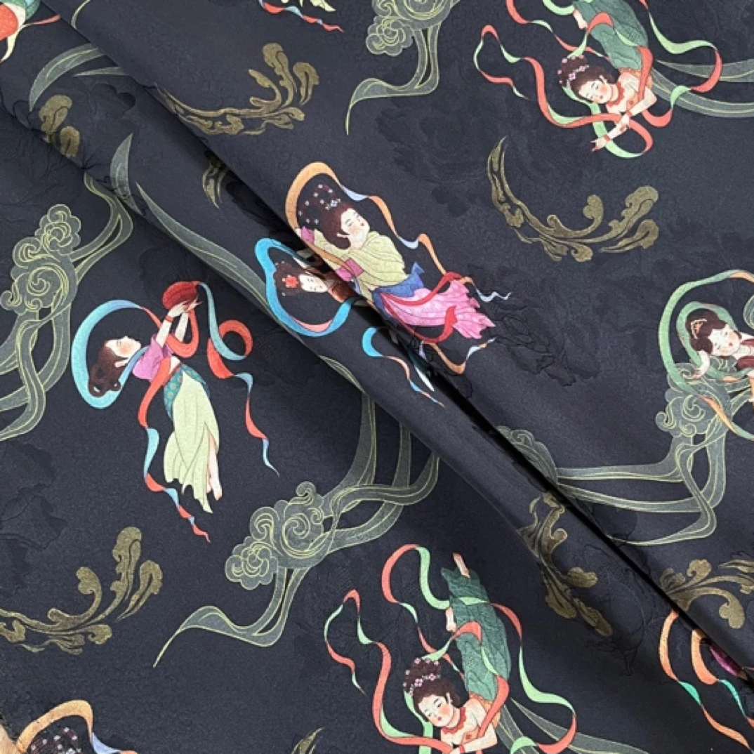 【敦煌飞天黑】人丝红云纱面料国风新中式面料【HV8312敦煌飞天黑】
