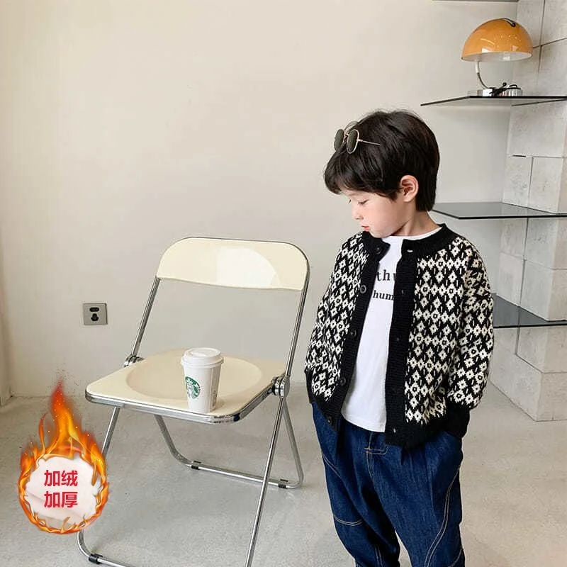 男童秋装开衫2024新款韩版儿童菱格提花毛衣线衫复古针织衫