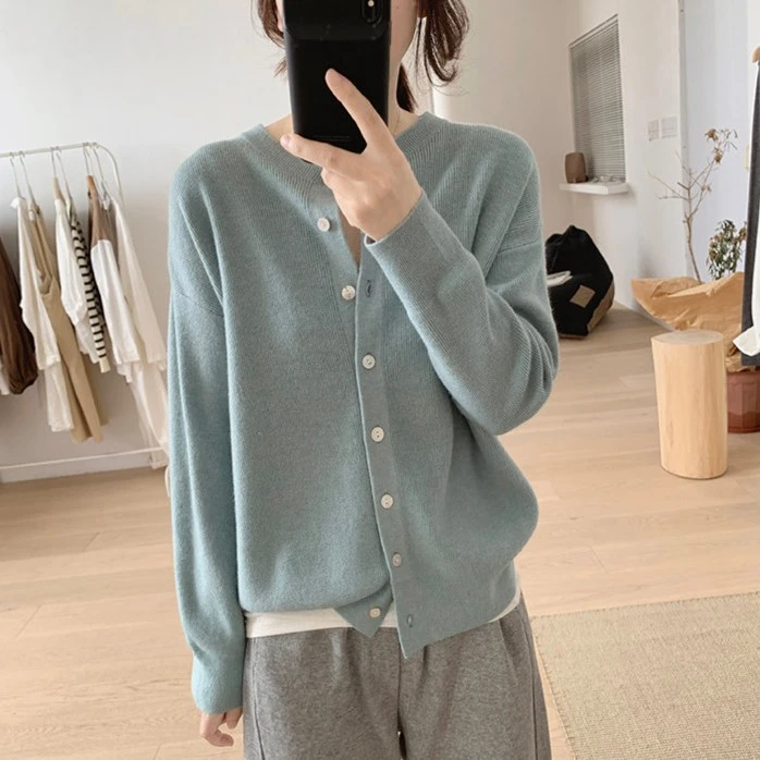 8838圆领针织衫外套女式春秋新款韩版宽松显瘦简约长袖基础款毛衣