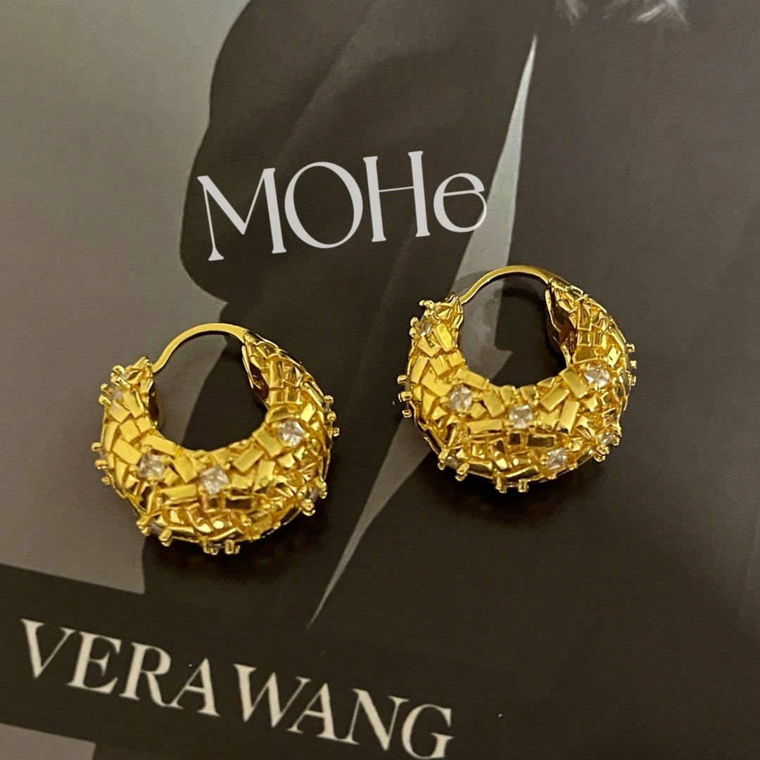 铜合金合成锆石耳饰 法式复古高级感气质耳环