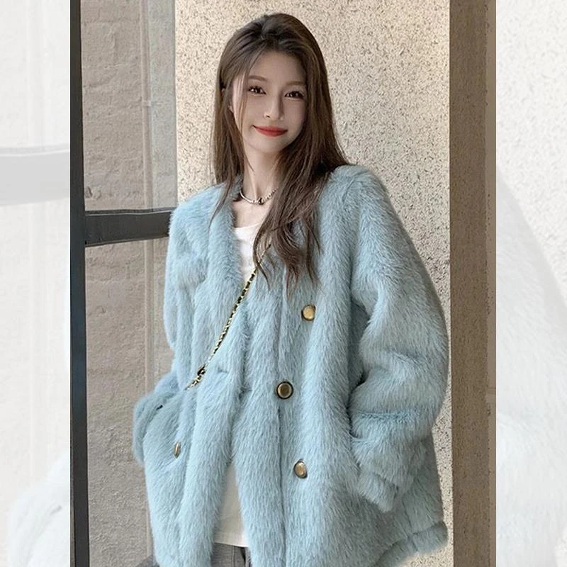 蓝色环保皮好富家千金爆款小香风外套女秋冬2024新款小个子上衣