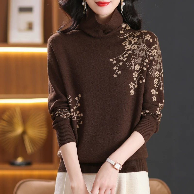 秋冬新款女士加厚保暖高领堆堆领宽松显瘦时尚百搭毛针织衫