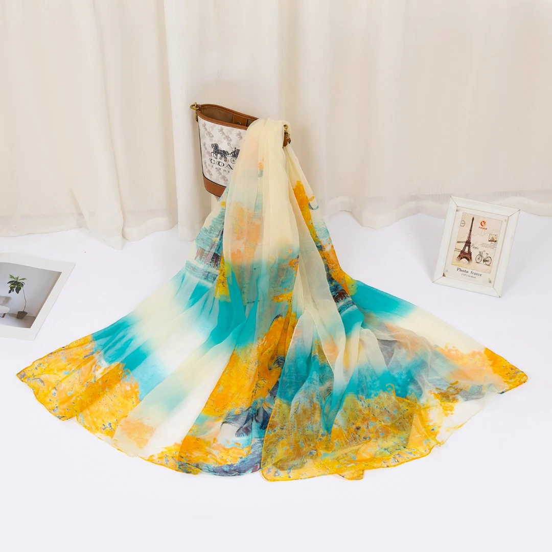 鳄鱼皱江南水乡长款时尚百搭印花夏季秋冬黄色花丝沙滩高档保暖