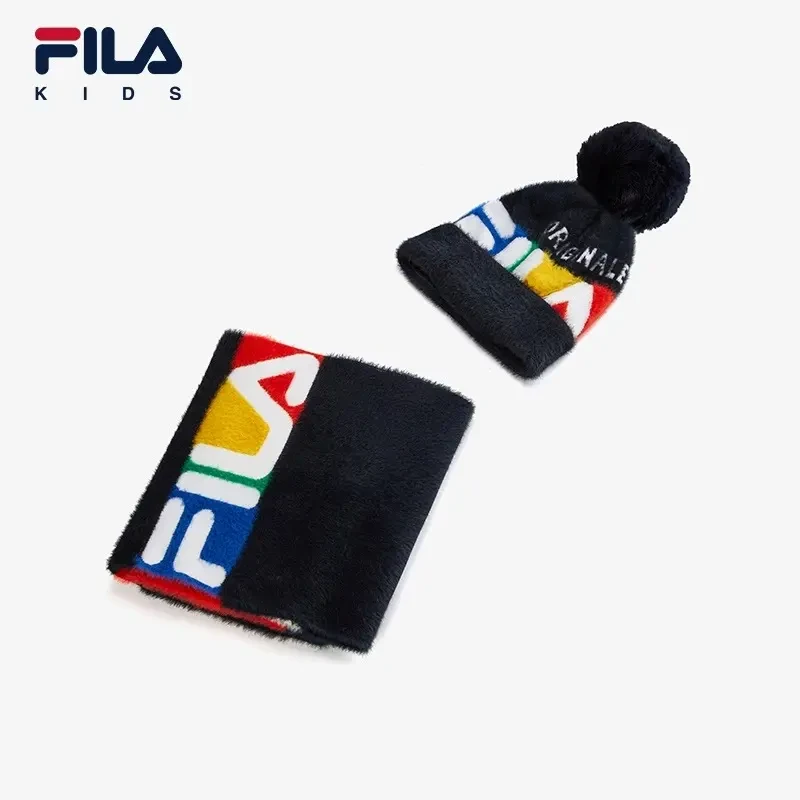 FILA斐乐儿童针织围巾帽子毛球保暖套装男女童围脖帽子K17B342501