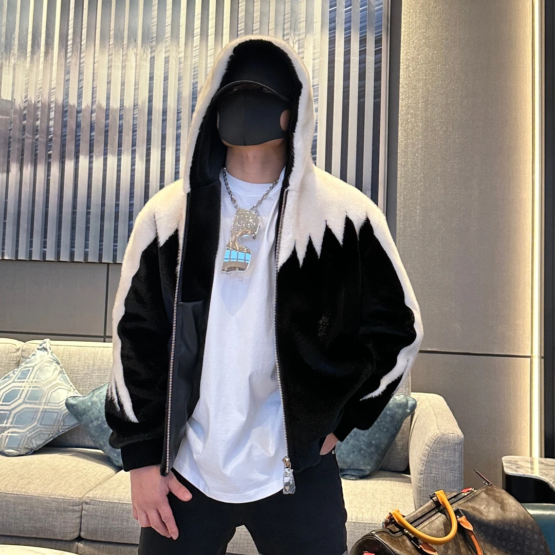 金先生大翅膀拼接雪绒质感百搭撞色连帽休闲潮牌保暖夹克外套