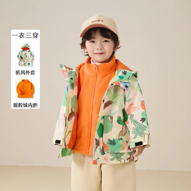 z2024爆款春秋摇粒绒冲锋衣童装小童小孩女童宝宝印花可拆卸内胆