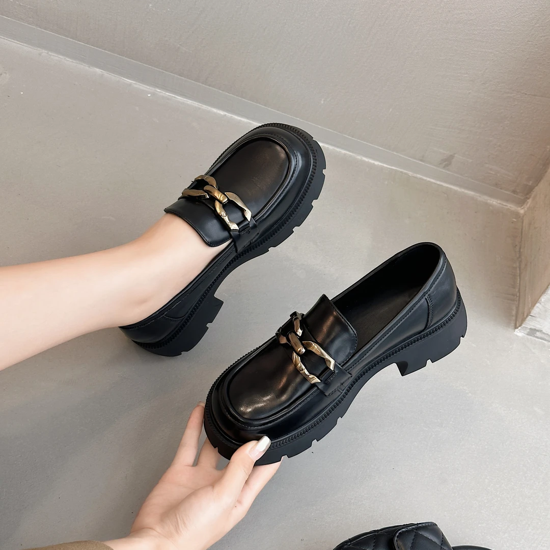 春秋女真皮厚底金属扣乐福鞋粗跟时尚百搭一脚蹬单鞋/DFD2236