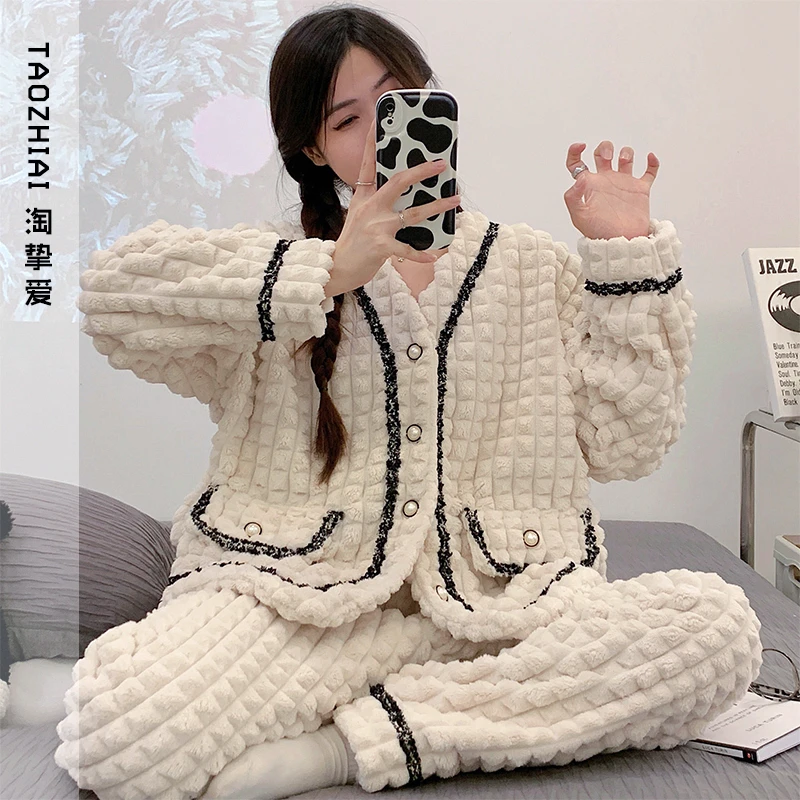 淘挚爱秋冬季珊瑚绒厚款长袖套装睡衣女家居服9009保暖冬款秋季