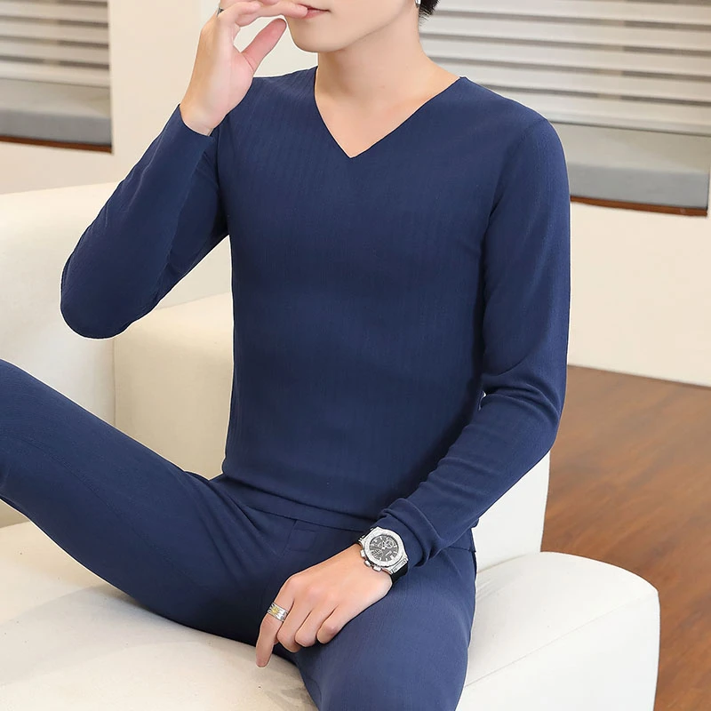打底棉毛衫男士V领贴身保暖内衣无痕隐形秋衣套装低领无边保暖衣