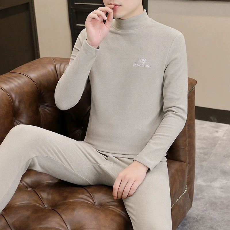 冬季薄绒保暖内衣男高领线衣线裤套装针织弹力打底衫中领秋衣秋裤