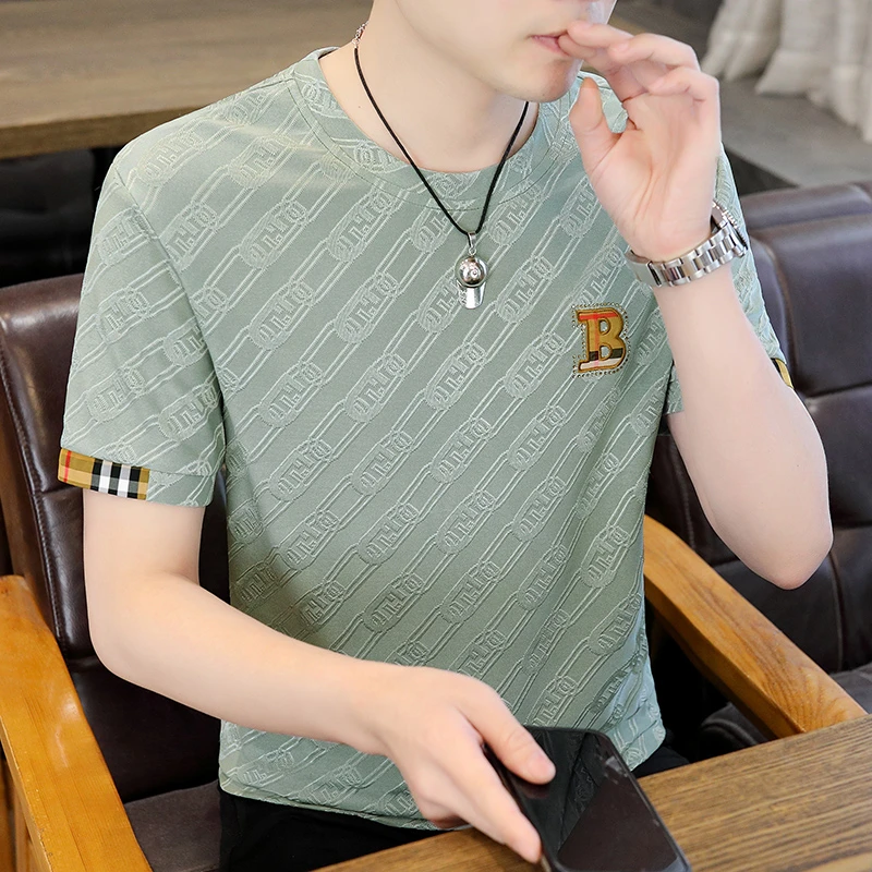 【珂卡驰】短袖T恤男士夏季新款潮流圆领冰丝半袖体恤衫上轻奢男装