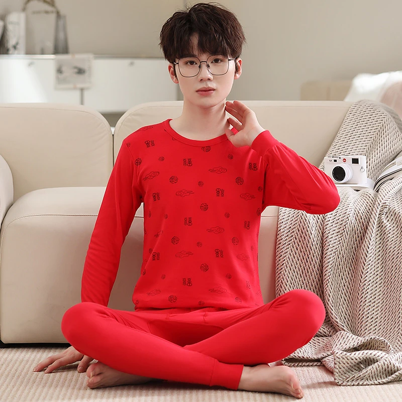 大红色本命年保暖内衣男纯棉秋衣秋裤套装属龙年结婚喜庆线衣线裤