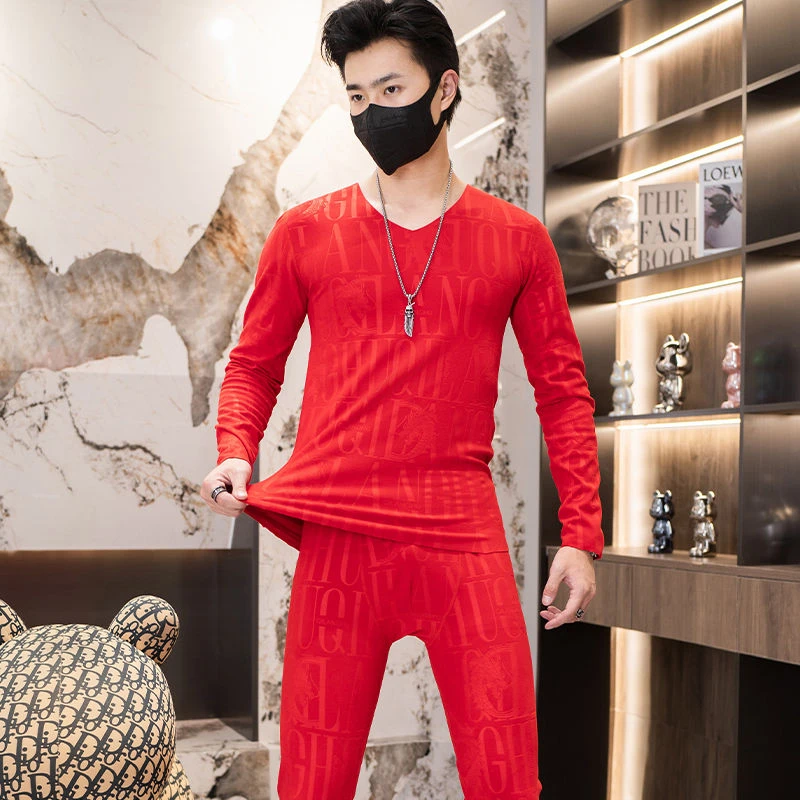 大红色龙年秋衣秋裤男士本命年保暖内衣套装打底双面磨毛贴身衣物
