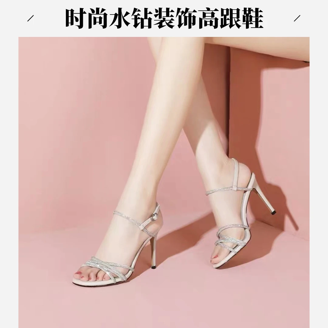 2024年爆款水钻软皮细跟凉鞋女中跟一字扣带露趾时尚舒适高跟鞋女