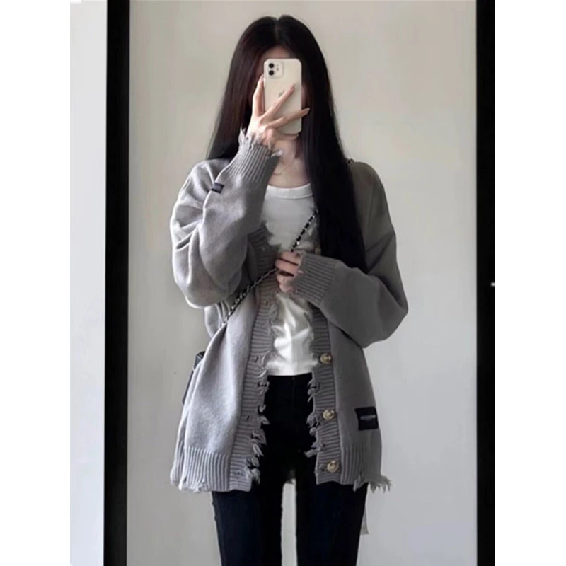 破边流苏灰色毛衣外套女春秋新款宽松显瘦时尚百搭慵懒风针织开衫