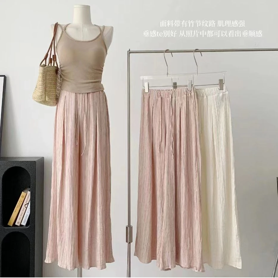 【粉丝专属】夏季新款肌理皱慵懒阔腿裤宽松拖地长裤海浪皱休闲裤