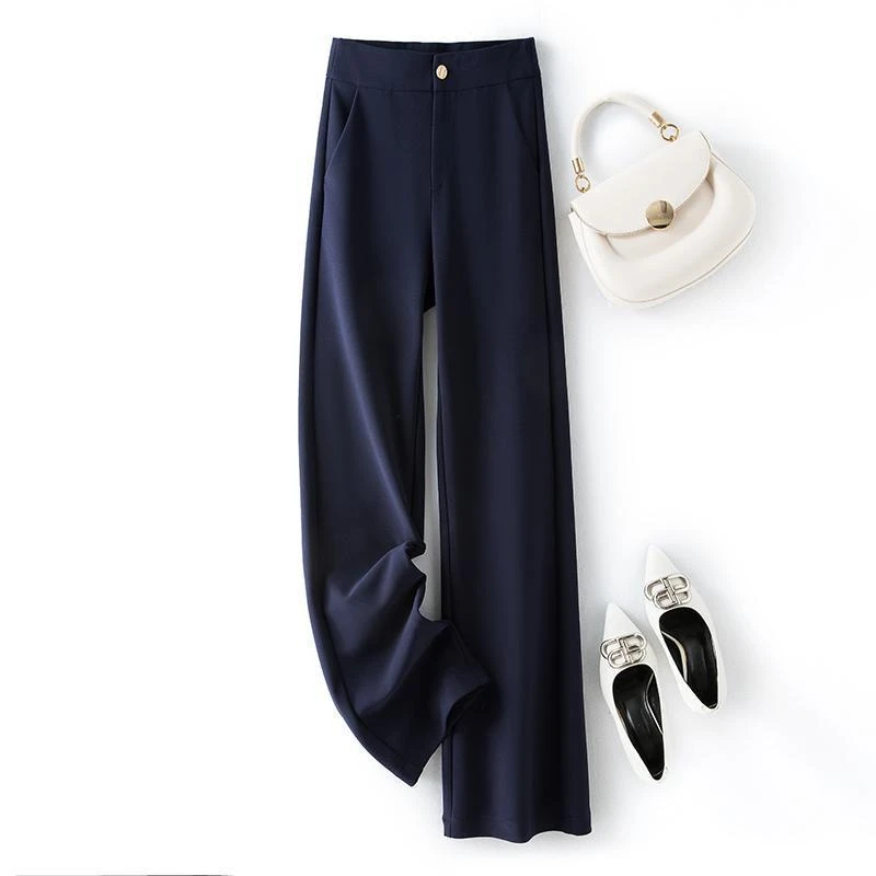藏蓝色窄版高腰垂感西装阔腿裤女宽松显瘦直筒薄款长裤通勤时尚