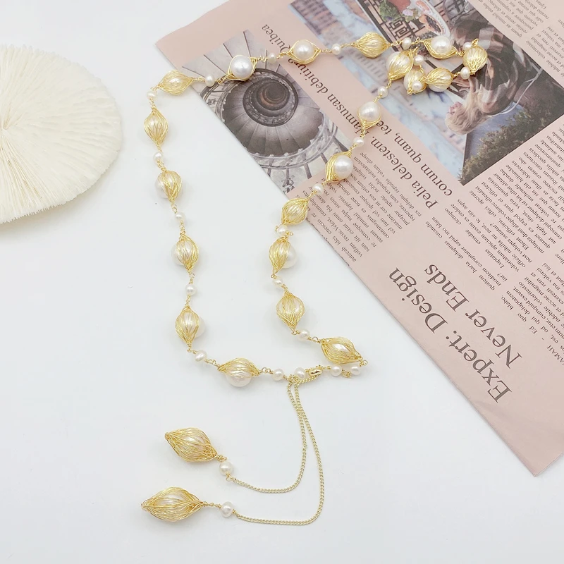 铜合金项链 设计师款手工绕丝大颗珠珠有螺旋纹长款项链时尚百搭